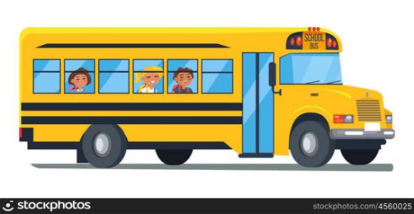 School Bus with Kids Sitting Near Windows Vector. School bus with kids sitting near windows vector illustration isolated on white. Smiling pupils moving to study on public transport
