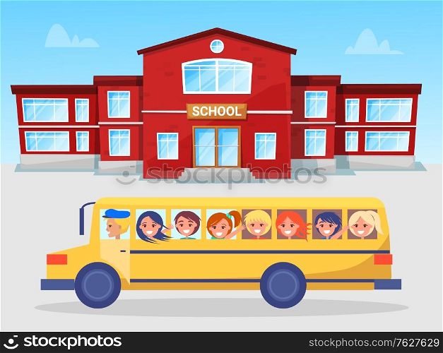 School bus with kids vector, building exterior. Educational institution and students. Transportation of schoolgirl and schoolboy getting knowledge. Back to school concept. Flat cartoon. School Bus and Pupils, Schoolboy and Schoolgirl