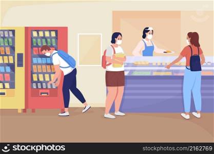 School cafe flat color vector illustration. Teenager in mask near vending machine buying snacks. Students buying food from lunch lady 2D cartoon characters with food counter on background. School cafe flat color vector illustration