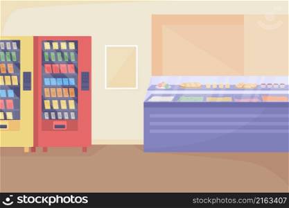 School cafeteria space flat color vector illustration. Lunch break in fast food bistro. Vending machines near walls. College cafe 2D cartoon interior with food counter on background. School cafeteria space flat color vector illustration