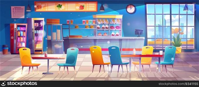 School canteen interior with food vector cartoon background. Cafeteria court with kitchen for student dining or lunch hall in college. Office lunchroom foodcourt with vending machine and window.. School canteen interior with food vector cartoon