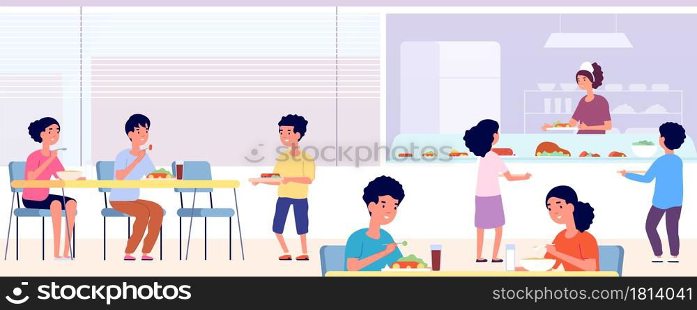 School canteen. Kids lunch, eating cafeteria room with friends. Students food drink in cafe. Public college dining hall vector concept. Canteen lunchtime children, university breakfast illustration. School canteen. Kids lunch, eating cafeteria room with friends. Students take food drink in cafe. Public college dining hall vector concept