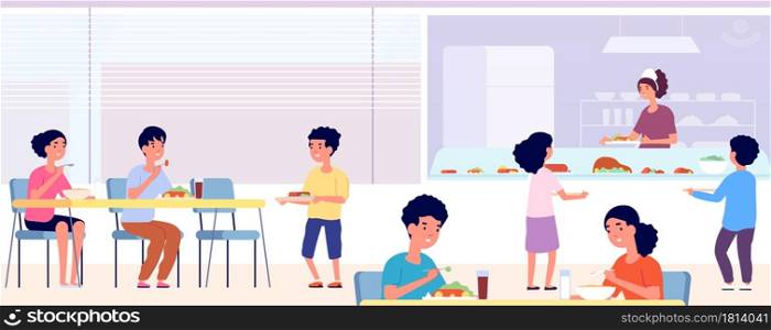 School canteen. Kids lunch, eating cafeteria room with friends. Students food drink in cafe. Public college dining hall vector concept. Canteen lunchtime children, university breakfast illustration. School canteen. Kids lunch, eating cafeteria room with friends. Students take food drink in cafe. Public college dining hall vector concept