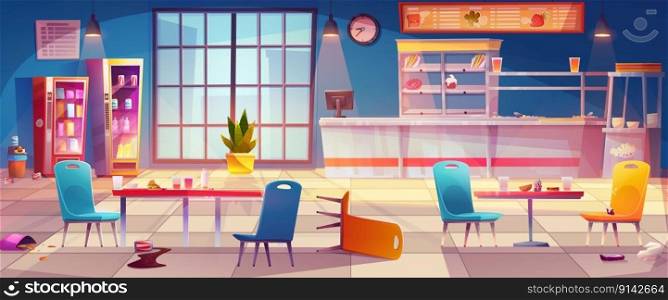 School canteen messy interior with kitchen cartoon background. Cafeteria dining room for lunch with table and chair in college. Student buffet shop in university illustration. Indoor lunchroom. School canteen interior with kitchen background