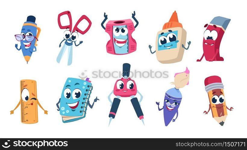 School cartoon characters. Pencil book and educational stationery mascots with happy faces. Vector flat funny school supplies set on white background. School cartoon characters. Pencil book and educational stationery mascots with happy faces. Vector flat funny school supplies set