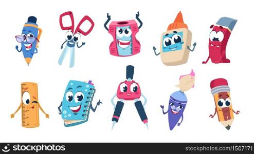 School cartoon characters. Pencil book and educational stationery mascots with happy faces. Vector flat funny school supplies set on white background. School cartoon characters. Pencil book and educational stationery mascots with happy faces. Vector flat funny school supplies set