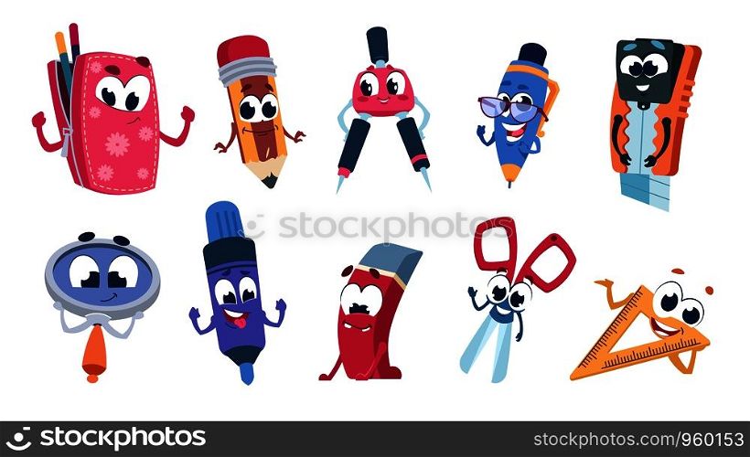 School cartoon characters. Student stationery mascots with smile faces, flat cut collection of funny educational supplies. Vector illustration set happy expressions colorful education objects. School cartoon characters. Student stationery mascots with smile faces, flat cut collection of funny educational supplies. Vector set