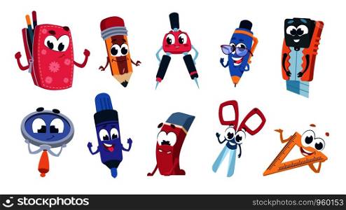 School cartoon characters. Student stationery mascots with smile faces, flat cut collection of funny educational supplies. Vector illustration set happy expressions colorful education objects. School cartoon characters. Student stationery mascots with smile faces, flat cut collection of funny educational supplies. Vector set