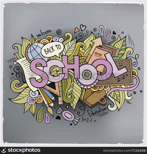 School cartoon hand lettering and doodles elements background. Vector illustration. School cartoon hand lettering and doodles elements background