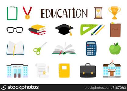 School cartoon items. Education supplies and schoolhouse vector illustration, pencil and pen stationery, winners cup and book icons. School cartoon items