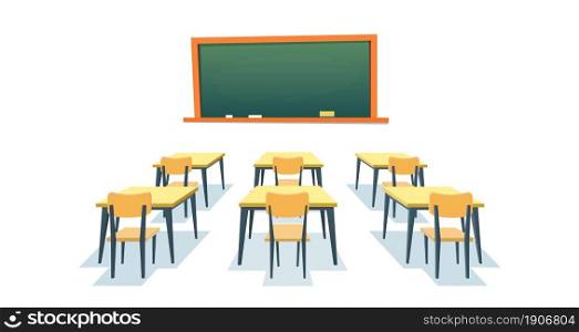 School chalkboard and desks. Empty blackboard, elementary classroom wooden desk table and chair education board furniture isolated on white background. Vector illustration in a flat style. School desk isolated on white background