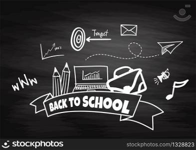 School chalkboard with different stuff. Welcome back to school vector card