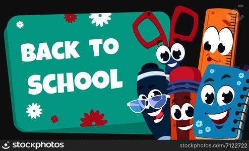 School characters background. Educational poster with happy school stationery for kids. Vector illustration funny banner with book and pencil and object other elements stationery. School characters background. Educational poster with happy school stationery for kids. Vector funny banner with book and pencil