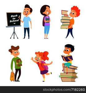 School characters. Male and female children go to school. Boy and girl character, child education, pupil and student, vector illustration. School characters. Male and female children go to school