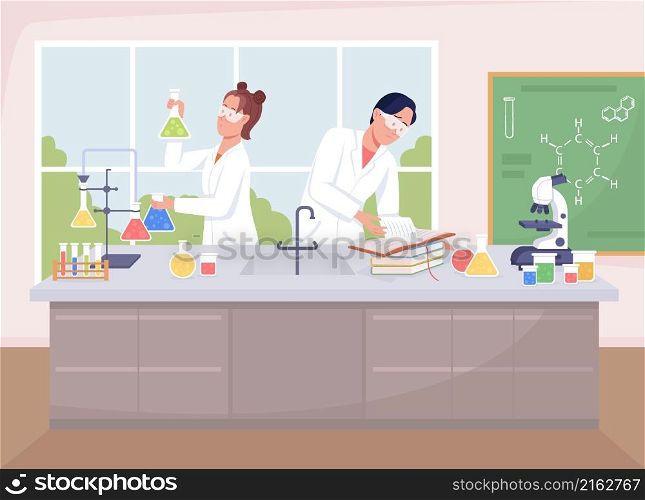 School chemistry class flat color vector illustration. Conducting experiment with chemicals in beakers. Students in lab coats 2D cartoon characters with laboratory interior on background. School chemistry class flat color vector illustration