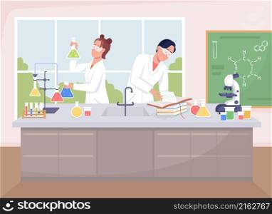 School chemistry class flat color vector illustration. Conducting experiment with chemicals in beakers. Students in lab coats 2D cartoon characters with laboratory interior on background. School chemistry class flat color vector illustration