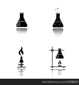 School chemistry lab equipment drop shadow black icons set. Beaker with liquid, ring stand with flask, laboratory burner, chemical reaction. Isolated vector illustrations. School chemistry lab equipment drop shadow black icons set