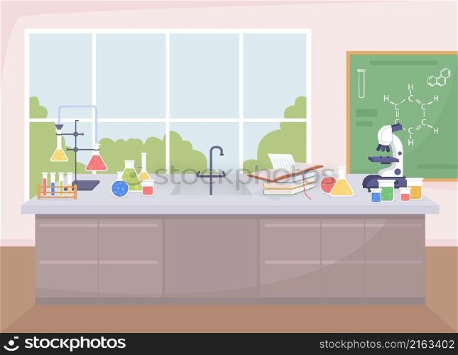 School chemistry lab flat color vector illustration. Space for experiments with chemical reagents. Science laboratory room 2D cartoon interior with blackboard and window on background. School chemistry lab flat color vector illustration