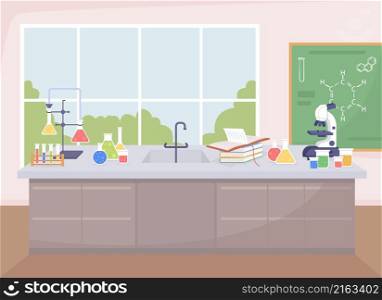 School chemistry lab flat color vector illustration. Space for experiments with chemical reagents. Science laboratory room 2D cartoon interior with blackboard and window on background. School chemistry lab flat color vector illustration