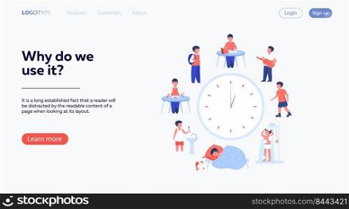 School child schedule. Clock with kids sleeping, eating, studying, resting, having shower flat vector illustration. Daily routine concept for banner, website design or landing web page