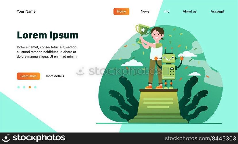 School child winning robotics competition. Kid and robot standing on winners podium and holding cup. Flat vector illustration for programming, engineering, success concepts