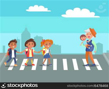 School Children and Grandpa with Grandson Vector. School children and grandfather with grandson on crosswalk vector illustration on background of cityscapes. People crossing road in city center