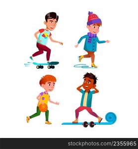 School Children Boys Sport Activity Set Vector. Schoolboys Playing Basketball And Training Fitness Exercise, Riding On Skateboard And Skates Sport. Characters Flat Cartoon Illustrations. School Children Boys Sport Activity Set Vector