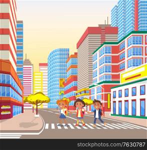 School-children crossing road in city, buildings with appartments panoramic windows and trees. Children going on street, smiling girl and boy walking outdoor. Vector illustration in flat cartoon style. Pupils Walking in City, Crossing Road, Town Vector