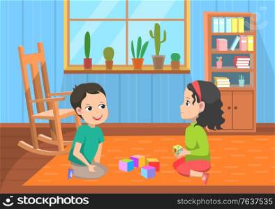 School-children playing cubes, boy and girl sitting on floor with toys. Elementary school, pupils indoor, smiling classmates speaking. Locker with books, plants on windows vector. Pupils Playing Toys, Elementary School Vector