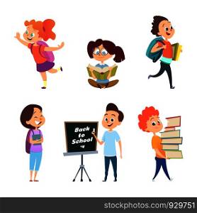 School childrens. Back to school characters. School education, girl and boy. Vector illustration. School childrens. Back to school characters isolated