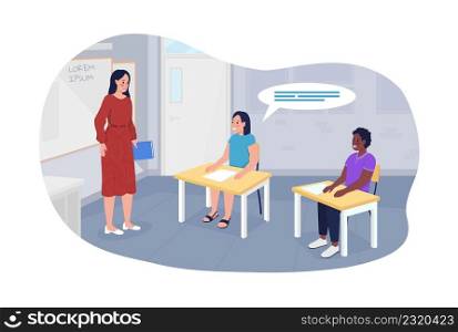 School class 2D vector isolated illustration. Female teacher and pupils flat characters on cartoon background. Acquire knowledge. Classroom colourful scene for mobile, website, presentation. School class 2D vector isolated illustration