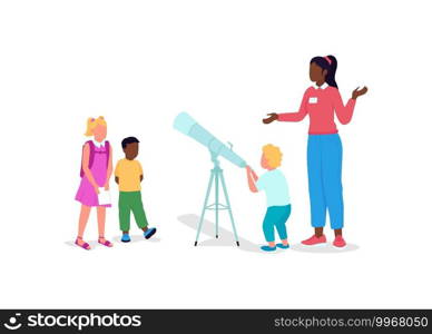 School classes flat color vector faceless character. School teacher explaining information to preschool kids. Science lesson isolated cartoon illustration for web graphic design and animation. School classes flat color vector faceless character