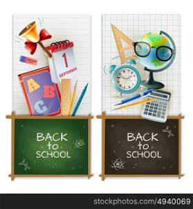 School Classroom Accessories 2 Vertical Banners . Back to school 2 vertical realistic banners set with chalkboards alarm clock and classroom accessories isolated vector illustration
