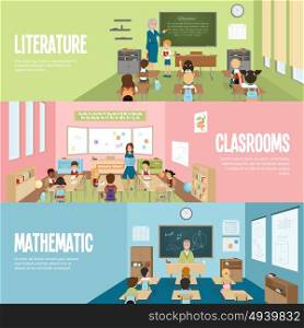 School Classroom Banners. Horizontal banners with scenes in school classrooms on literature mathematics and elementary lessons vector illustration