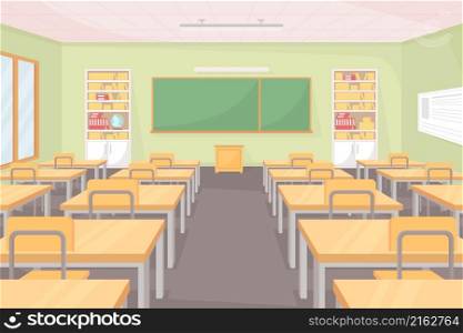 School classroom flat color vector illustration. Empty class with row of desks and chairs. Space for studying and teaching. Middle school room 2D cartoon interior with chalkboard on background. School classroom flat color vector illustration