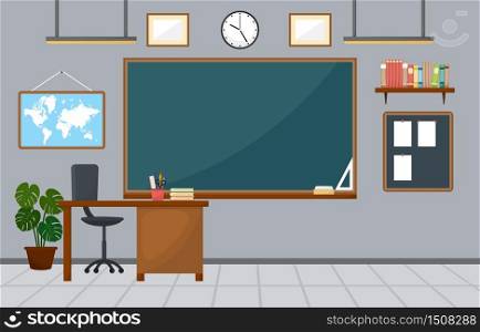 School Classroom Interior Room Blackboard Furniture Flat Design Vector