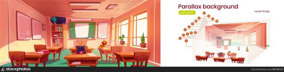 School classroom interior with chalkboard, tables and chairs. Vector parallax background ready for 2d animation with cartoon illustration of empty class room with white poster on blackboard. Parallax background with school classroom interior