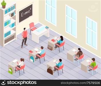 School classroom isometric background with pupils sitting at desks and listen teacher standing near blackboard vector illustration