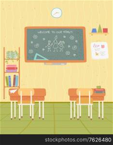 School classroom or educational place, chalkboard and shelf with book. Nobody class, desktop and chair, studying symbol, furniture indoor, blackboard vector. Back to school concept. Flat cartoon. Back to School, Nobody Classroom, Study Vector