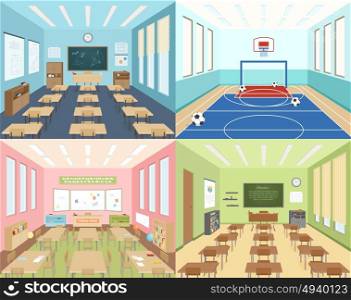 School classrooms and sportroom. Isometric school 2x2 compositions presenting different classrooms for maths art and literature and sportroom vector illustration