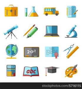 School college education flat pictograms collection with globe chemistry retort schoolbag graduation diploma abstract isolated vector illustration