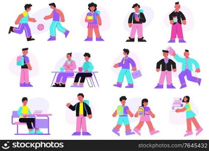 School college students pupils in library canteen playing soccer basketball sitting at desk flat set vector illustration. School People Flat Set