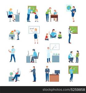 School College Teacher Flat Icons . Secondary school teacher at chalkboard white board and by students desk flat icons collection isolated vector illustration