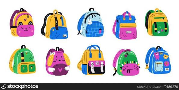 School colored backpacks. Bright kids college bags with patch pockets, keychains and badges. Children clothing. Pupils rucksacks. Students accessories elements. Garish vector isolated schoolbags set. School colored backpacks. Bright kids college bags with patch pockets, keychains and badges. Children rucksacks. Students accessories elements. Garish vector isolated schoolbags set