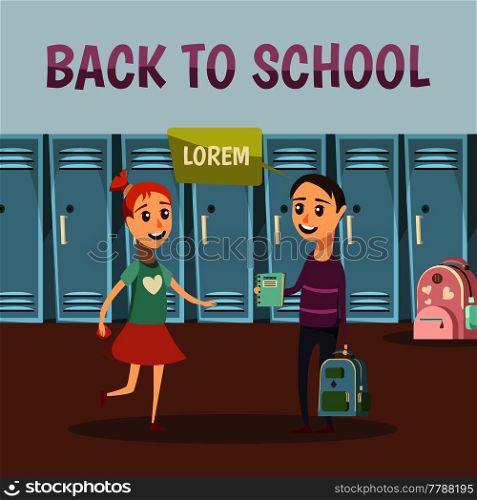 School colored orthogonal background with friends close to the school lockers in the hallway vector illustration. School Colored Orthogonal Background