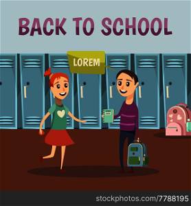 School colored orthogonal background with friends close to the school lockers in the hallway vector illustration. School Colored Orthogonal Background