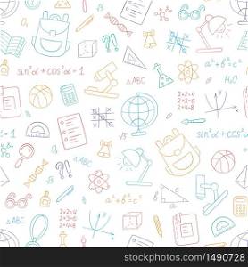 School colorful seamless pattern in doodle style on white background. Vector illustration. School colorful seamless pattern in doodle style on white background. Vector