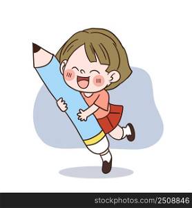 School concept.A happy cute little school girl with huge pencil.vector cartoon character.