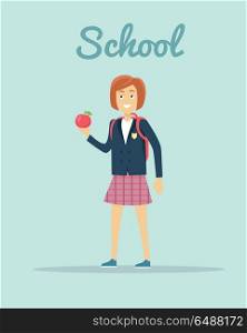 School concept vector. Flat design. Smiling pupil girl in uniform with backpack and apple in hand standing on blue background. Children education, school years, students clothes style illustrating. . School Vector Illustration in Flat Style Design.. School Vector Illustration in Flat Style Design.