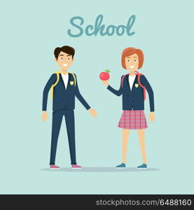 School concept vector. Flat design. Smiling pupils boy and girl with backpacks and apple standing on blue background. Lunch on break. Picture for child learning years, students friendship illustrating. School Concept Vector Illustration In Flat Design.. School Concept Vector Illustration In Flat Design.